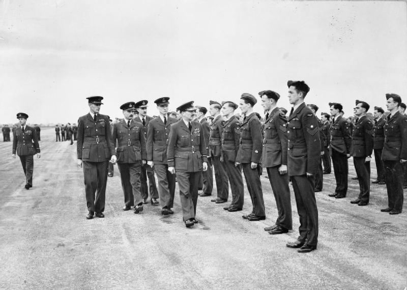AVM Robert Stewart Blucke, AOC 1 Group inspecting personnel at a Bomber Command airfield during 1945