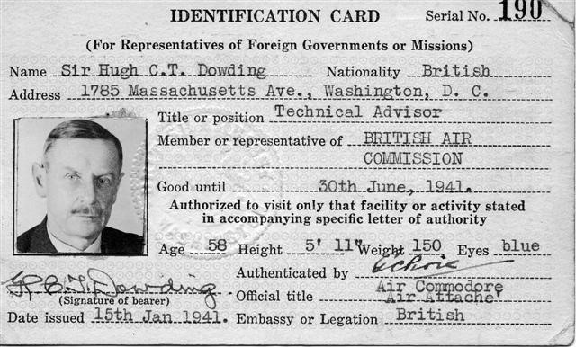 ID card issued to Dowding whilst on duty in the USA