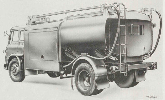 Truck, Fuel Servicing, Aircraft, 7-ton, 4x2, 1,000-gallon, Dual Purpose Delivery, Bedford KFL (Mk 1 - Open line Avtur/Avtag; Mk 2 - Pressure/Open line, Avtur/Avtag ) from rear